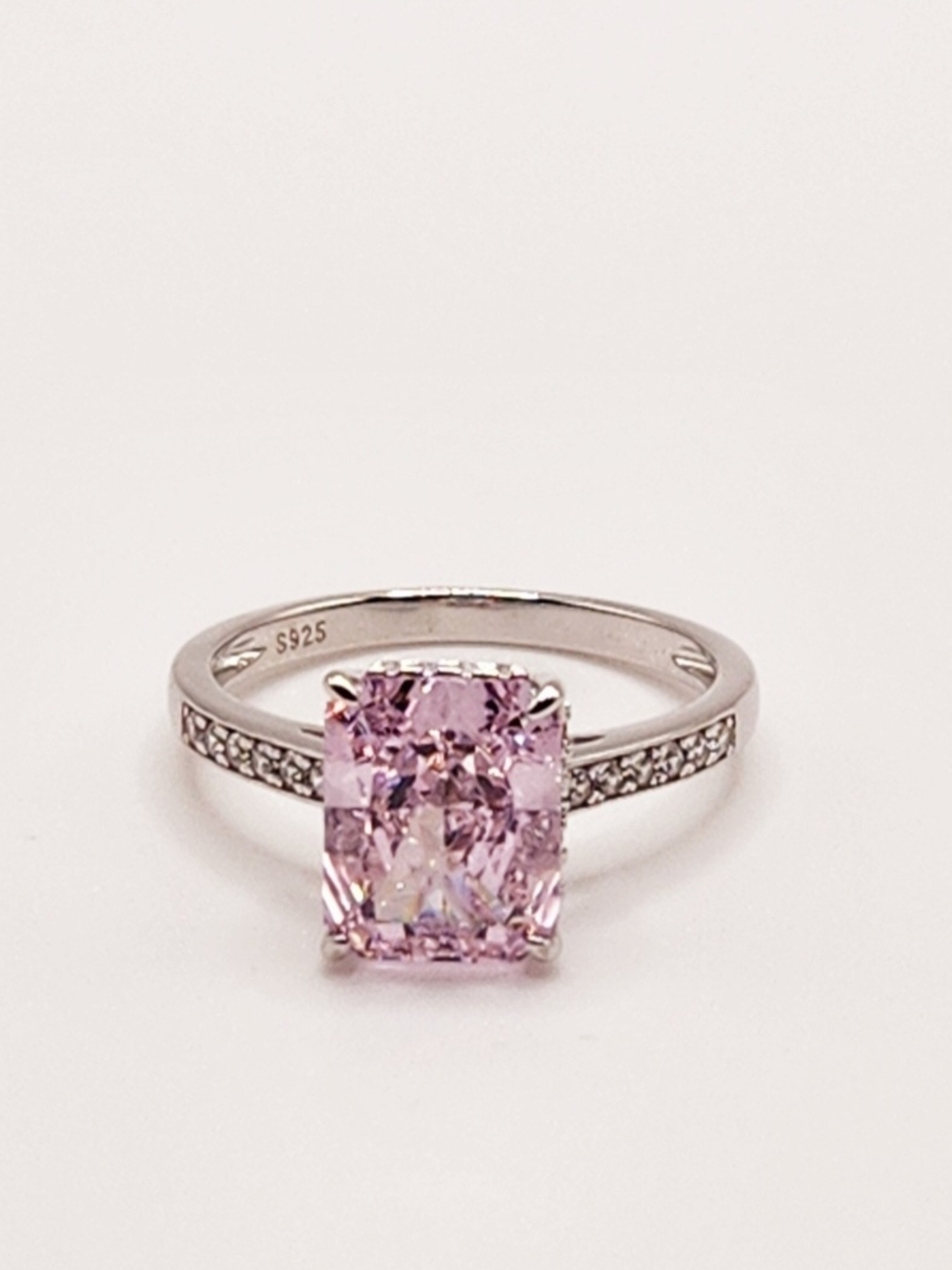 2.5 Carat Sterling Silver Pink Cushion-Cut Ring with Pavé Band